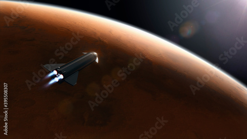 Spaceship over mars surface approaching to enter in the atmosphere of the red planet for exploration and tourism - concept art - 3D rendering - Elements of this image furnished by NASA photo