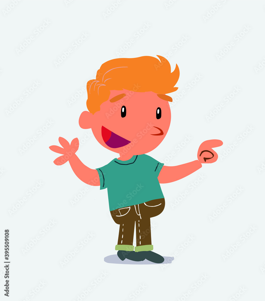 cartoon character of little boy on jeans smiling while pointing cartoon character of little boy on jeans smiling while pointing