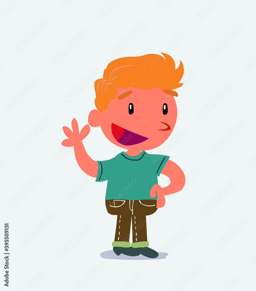 cartoon character of little boy on jeans waving happily cartoon character of little boy on jeans waving happily