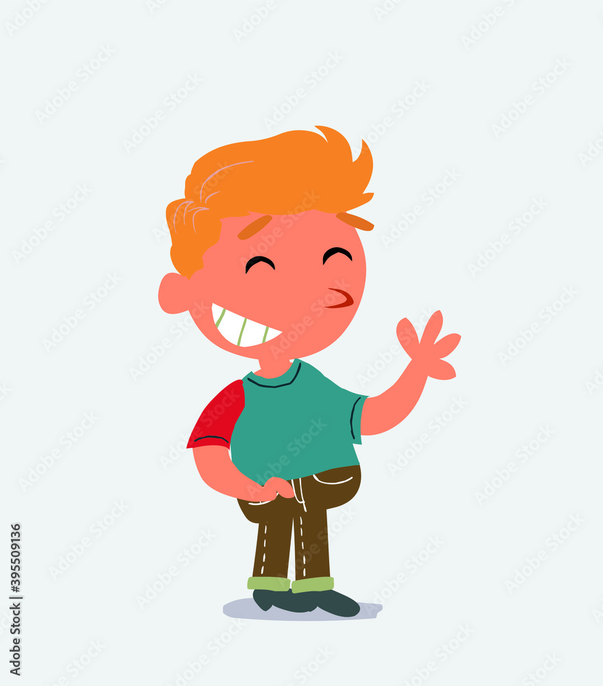 cartoon character of little boy on jeans waving informally while laughing cartoon character of little boy on jeans waving informally while laughing