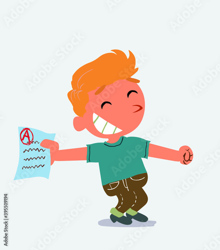  happy cartoon character of little boy on jeans rejoices with exam in hand.