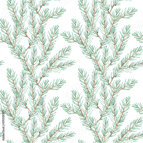 Watercolor Christmas tree branch seamless pattern. Winter pine branch background. Hand-drawn botanical illustration.