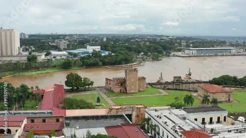 View Of Ozama Fortress Overlooking The Ozama River In Colonial City Of Santo Domingo, Dominican Republic - aerial drone photo