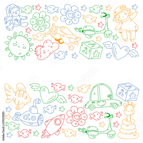 Kindergarten, toys vector pattern. Little children creativity and imagination. Online education, educational games.