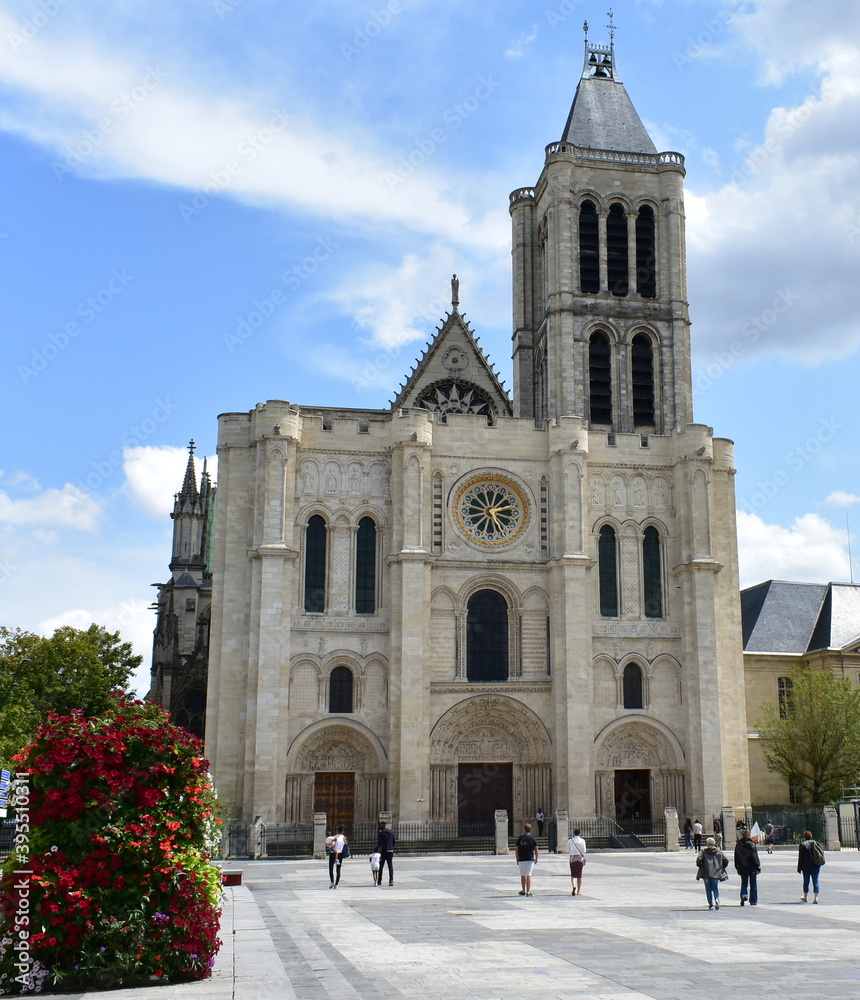 Basilica of Saint-Denis or Basilique royale de Saint-Denis. Facade and bell tower. Paris, France.
