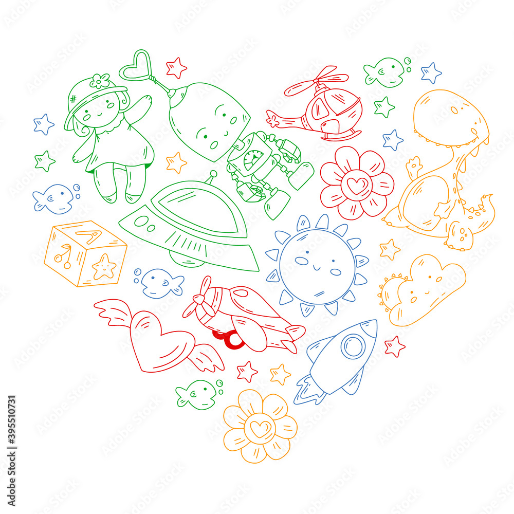 Kindergarten, toys vector pattern. Little children creativity and imagination. Online education, educational games.