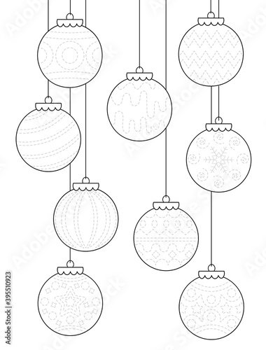 Trace and color Christmas ornaments worksheet. Handwriting practice for kids. Christmas balls on white background