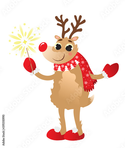 Cute cartoon Christmas deer with scarf and sparkler vector illustration isolated on white background