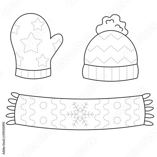 Trace and color hat, mitten and scarf. Handwriting practice for kids. Set of winter clothes, isolated on white background