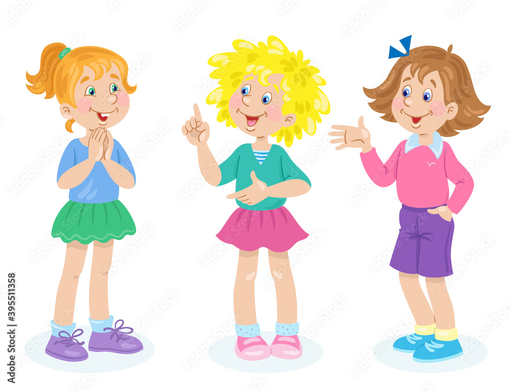 Children and emotions. Three cute girlfriends are talking. In cartoon style. Isolated on white background. Vector flat illustration. Children and emotions. Three cute girlfriends are talking. In cartoon style. Isolated on white background. Vector flat illustration.