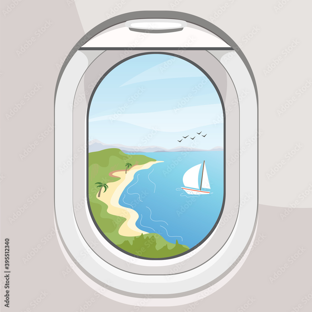 View of the beach resort and yacht out the plane's window - tourism and travel concept View of the beach resort and yacht out the plane's window - tourism and travel concept