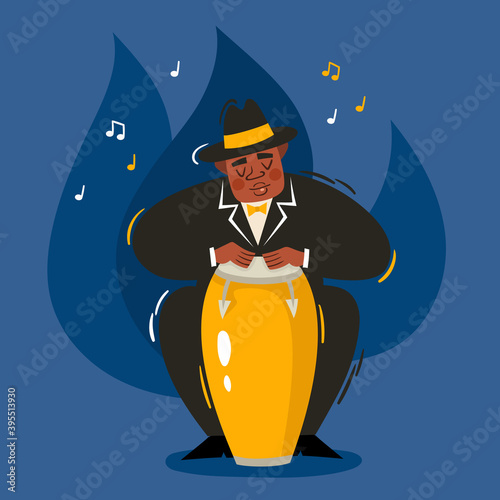 Cartoon vector illustration of conga player isolated on blue.