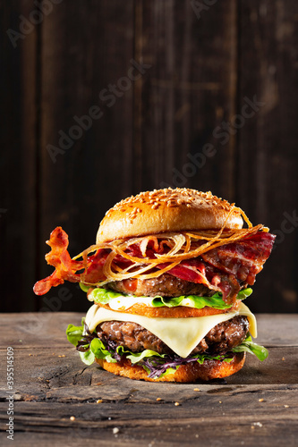 Double burger with cheese and bacon
