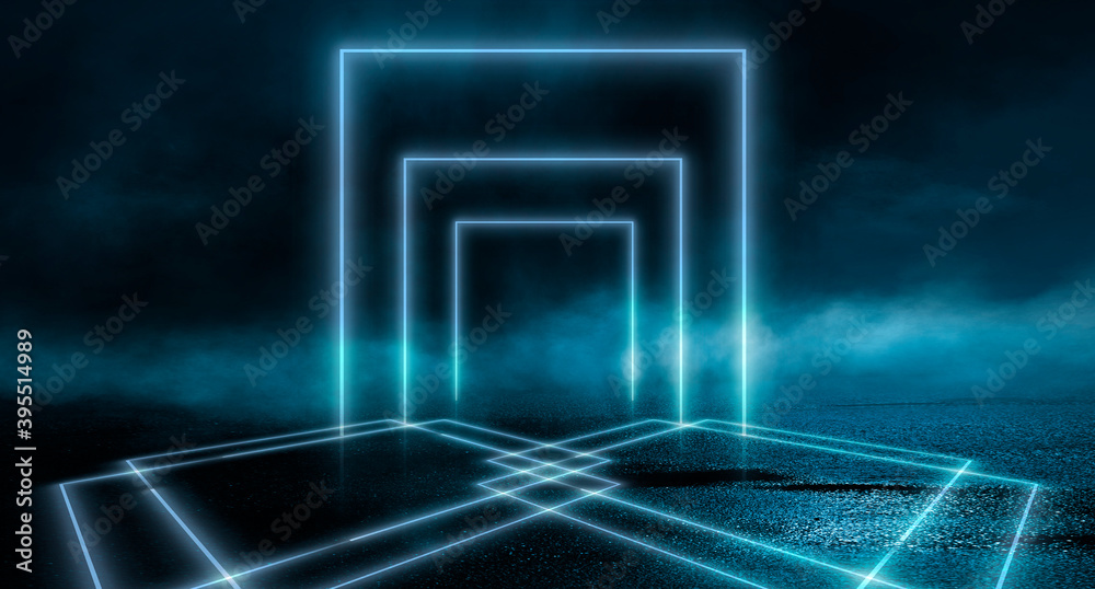 Abstract futuristic neon background, light tunnel, blue neon shapes on a dark background. Night view, space background, cyber reality. Abstract futuristic neon background, light tunnel, blue neon shapes on a dark background. Night view, space background, cyber reality.