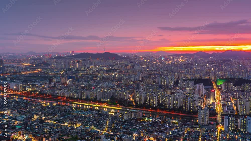 Time lapse 4k : Korea sunset of Seoul city view from Yongmasan mountain in South Korea.Zoom in Time lapse 4k : Korea sunset of Seoul city view from Yongmasan mountain in South Korea.Zoom in
