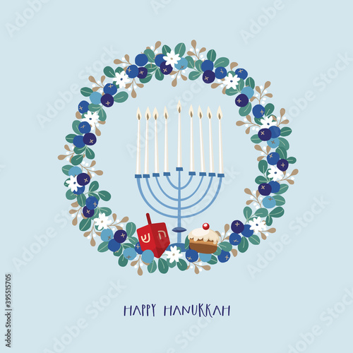 Happy Hanukkah greeting card, invitation with floral wreath and hand drawn candleholder. Doughnut with dreidel and flowers. Vector illustration for Jewish Festival of light. Floral decorative garland.