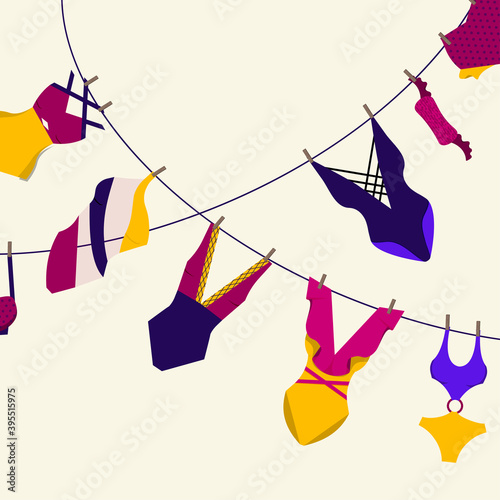 Women's swimwear hanging on rope.  Vector flat illustration.
