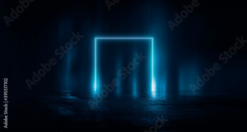 Fototapeta Naklejka Na Ścianę i Meble -  Abstract futuristic neon background, light tunnel, blue neon shapes on a dark background. Night view, space background, cyber reality.