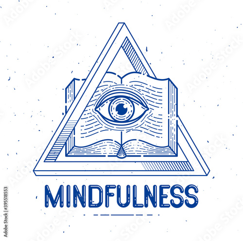 Secret knowledge vintage open book with all seeing eye of god in sacred geometry triangle, insight and enlightenment, masonry or illuminati symbol, vector logo or emblem design element.