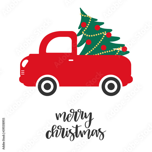 Vintage pickup, truck with Christmas tree. Vector illustration.
