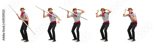 Collage. Handsome male gondolier, seaman, sailor isolated over white studio background. Concept of professional occupation, work, job. Copyspace for ad, text. Caucasian man with oar.