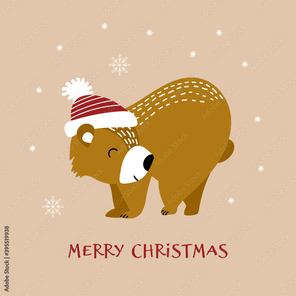 Christmas greeting card with cute bear in hat. Vector illustration. Christmas greeting card with cute bear in hat. Vector illustration.