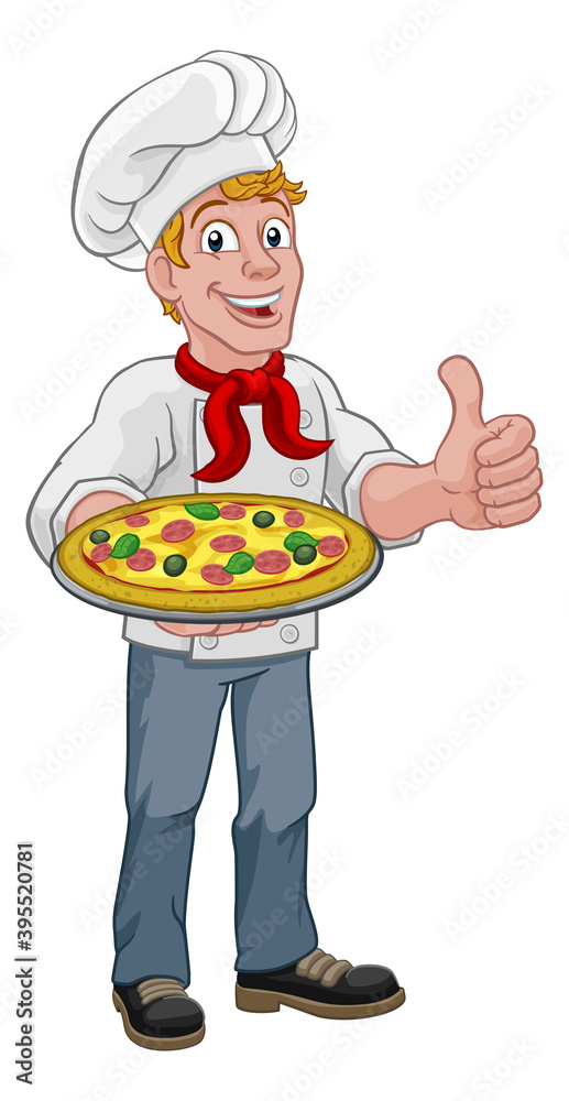A chef cook man cartoon character giving a thumbs up hand sign and holding a pizza. A chef cook man cartoon character giving a thumbs up hand sign and holding a pizza.