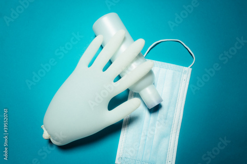 Protective medical mask, gloves and sanitizer disinfecting gel. protective measures against virus, bacteria
