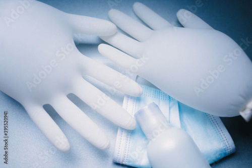 Protective medical mask, gloves and sanitizer disinfecting gel. protective measures against virus, bacteria