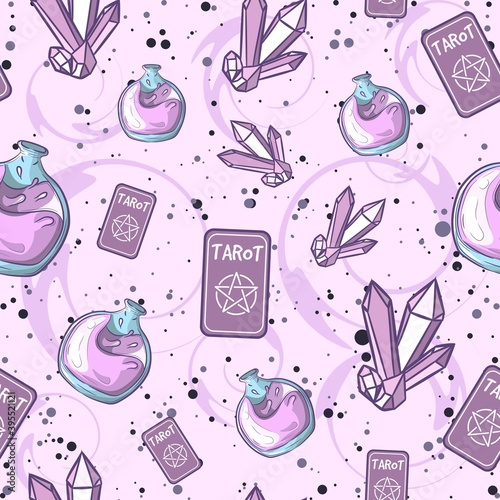 Purple occult seamless pattern with different magic objects. Repetitive background with tarot cards, liquid bottles and amethysts.