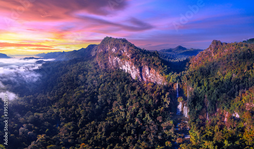 Aerial view sunrise of Deep Forest beautiful waterfall at Thi Lo Su  Tak province  Thailand.