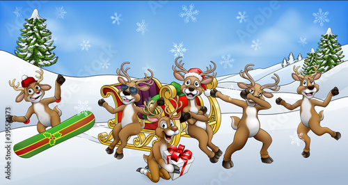 Christmas Scene of Santa Claus sled or sleigh surrounded by reindeer having fun