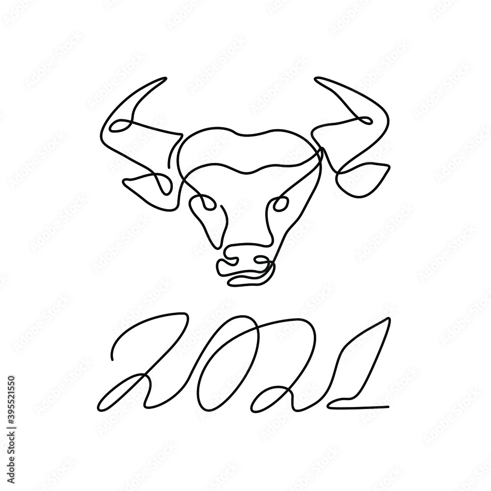Bull head, 2021, Happy New Year, continuous line drawing. Continuous line drawing. Minimal design. Template for Christmas flyers, greeting cards, neon, brochures. Isolated vector illustration. Bull head, 2021, Happy New Year, continuous line drawing. Continuous line drawing. Minimal design. Template for Christmas flyers, greeting cards, neon, brochures. Isolated vector illustration.