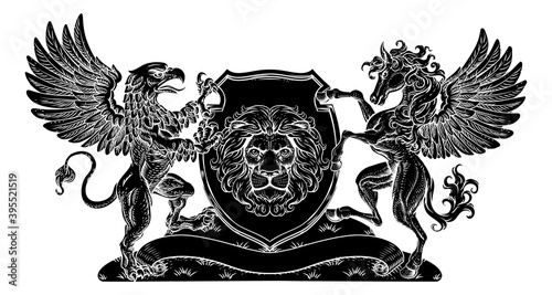 A crest coat of arms family shield seal featuring griffin, Pegasus winged horse and lion