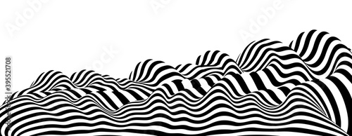Abstract vector 3D lines background, black and white curves linear perspective dimensional terrain optical pattern.