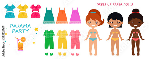 1430_Dress up paper doll. Cute chibi girl character in pajamas for pajama party. Flat cartoon style photo