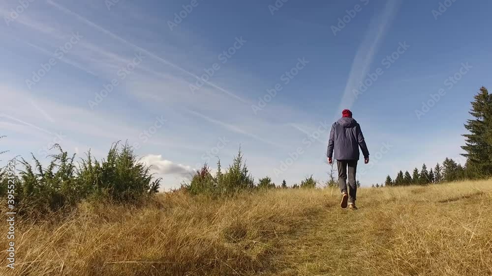 Man walking on mountain meadow Man walking on mountain meadow
