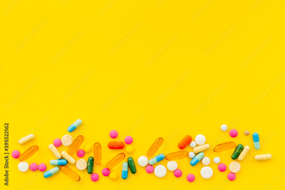 A lot of colorful medication pills drugs, top view A lot of colorful medication pills drugs, top view