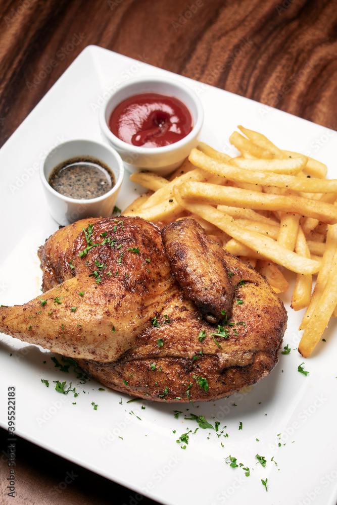roast rotisserie half chicken with french fries simple meal roast rotisserie half chicken with french fries simple meal