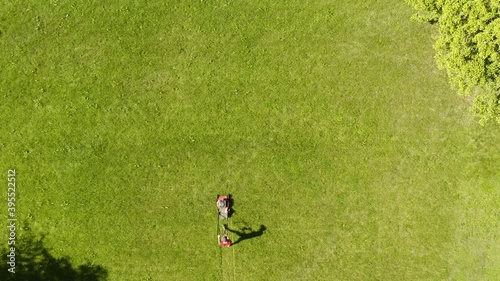 Man mowing the lawn, cutting fresh long green garden grass, aerial top down view