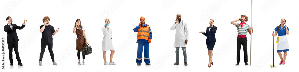 Group of people with different professions isolated on white studio background, horizontal. Male and female models like accountant, barmen, florist, businessman, barmen, housemaid. Collage.