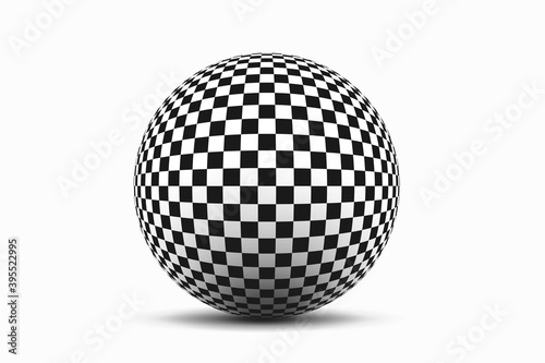 Checkered sphere with shadow. Abstract, monochrome, circle consisting of squares in 3D perspective. A vector object on an isolated background.