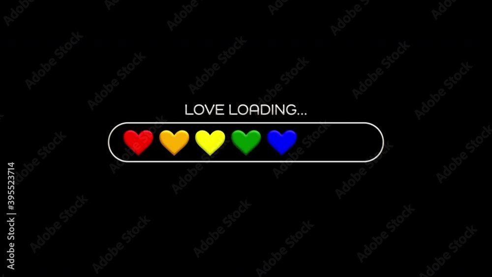Love loading rainbow hearts animation, loading bar on a black background 