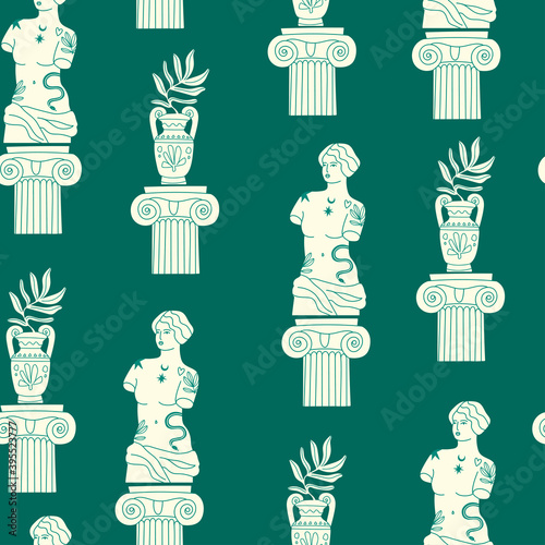 Antique marble statue of woman, column, branch, amphora. Mythical, ancient greek style. Hand drawn Vector illustration. Square Seamless Pattern. Green background, wallpaper