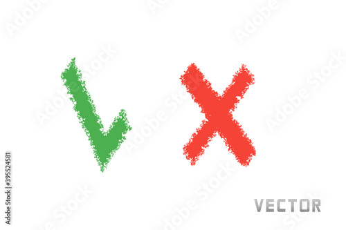 Check mark grunge design element, green and red. Vector.