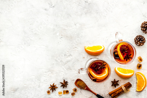 Mulled wine with ingredients for Christmas - space for recipe