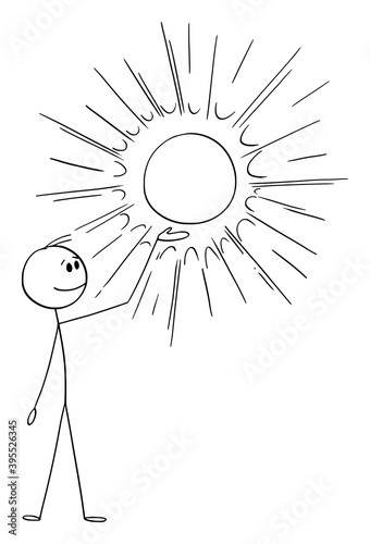 Vector cartoon stick figure illustration of man holding and showing glowing or shining circle, ball or sun. You can add product image or icon inside.