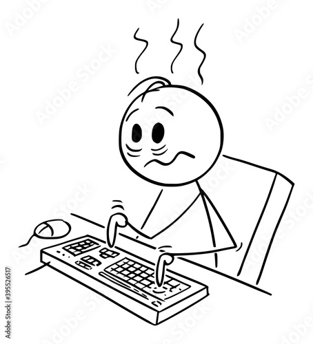 Vector cartoon stick figure illustration of overworked,tired or exhausted man or businessman working on computer in office.