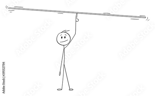 Vector cartoon stick figure illustration of man, manager or businessman balancing something on finger. Add your text or objects.