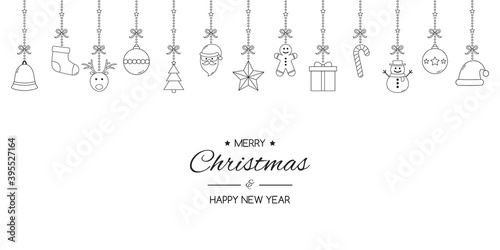 Simple Christmas greeting card with hanging icons and wishes. Xmas decoration. Vector